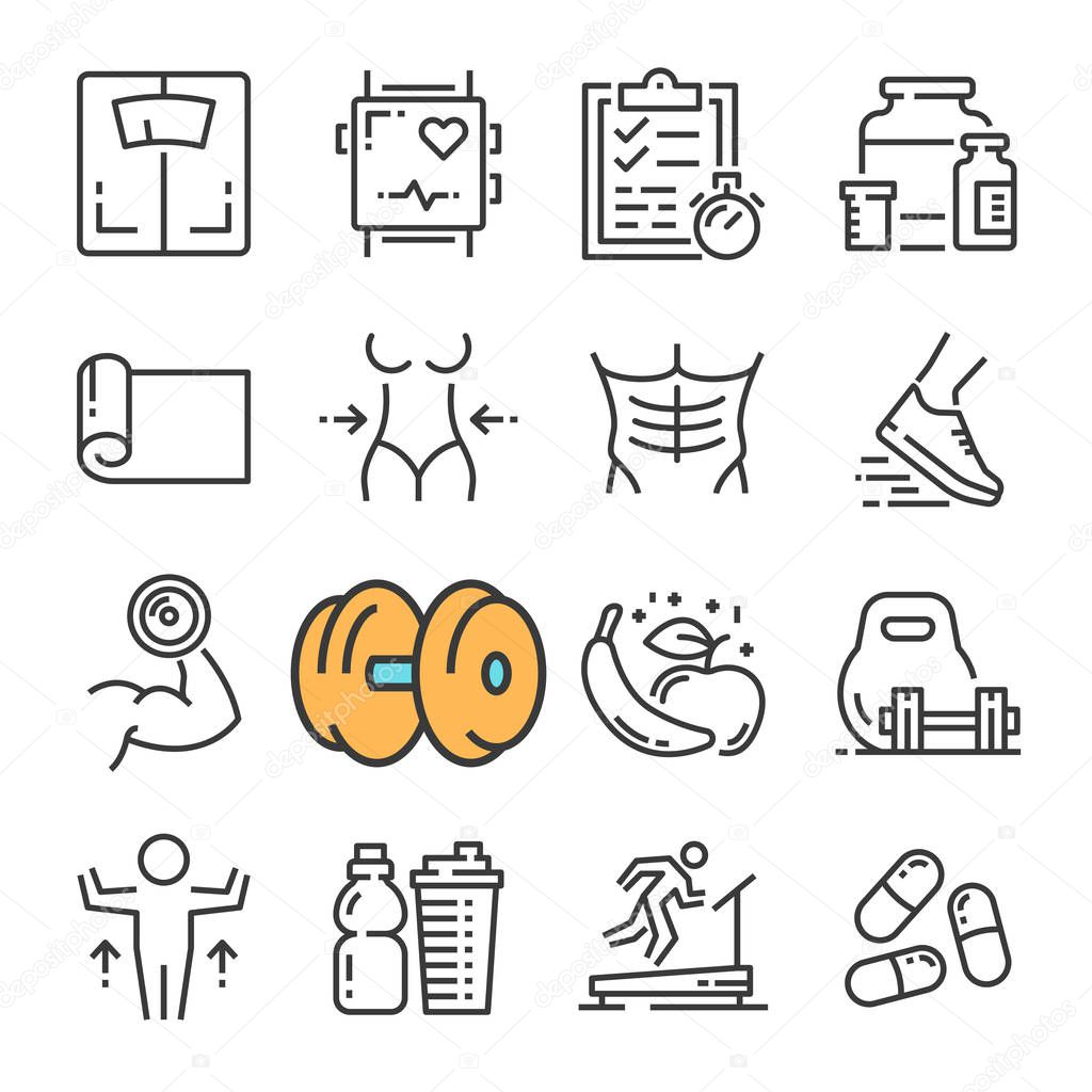 Vector black line Fitness Gym Equipment icons set. Includes such Icons as Equipment Fitness, Body Woman and Man.