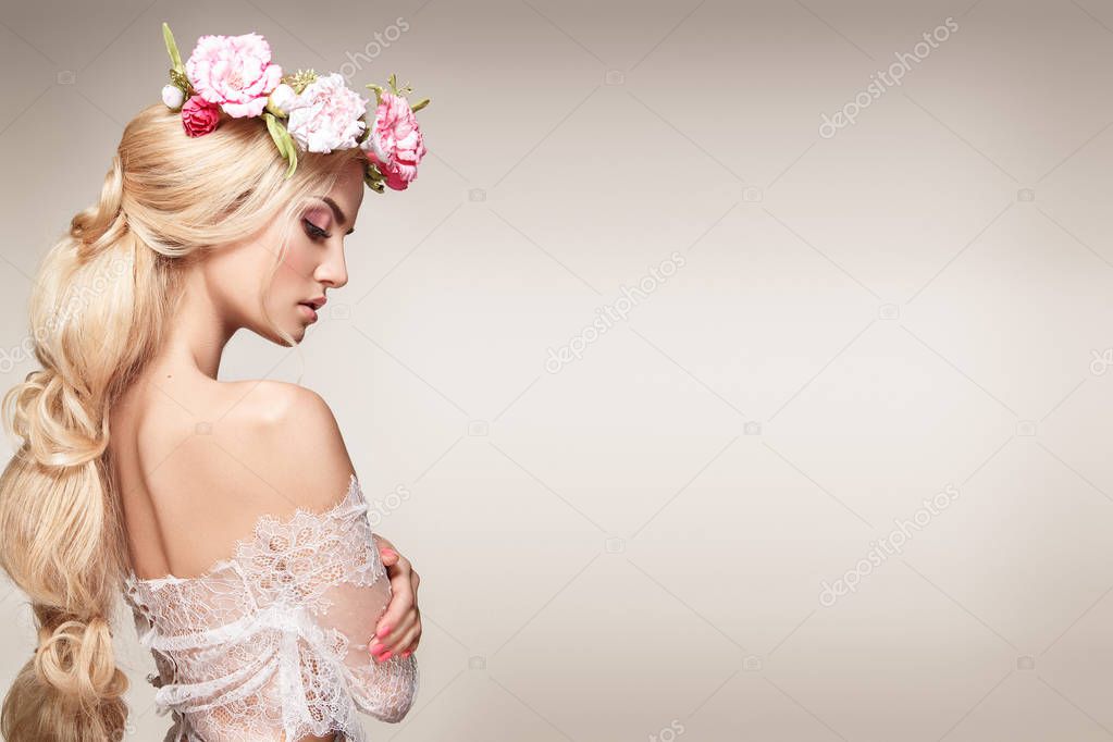 Woman with flowers on head 