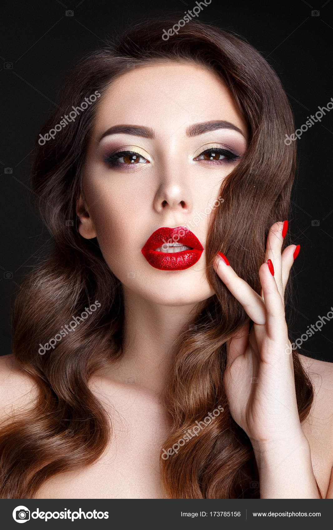 Brunette with red lips Stock Photo by ©DemidenkoElena 173785156