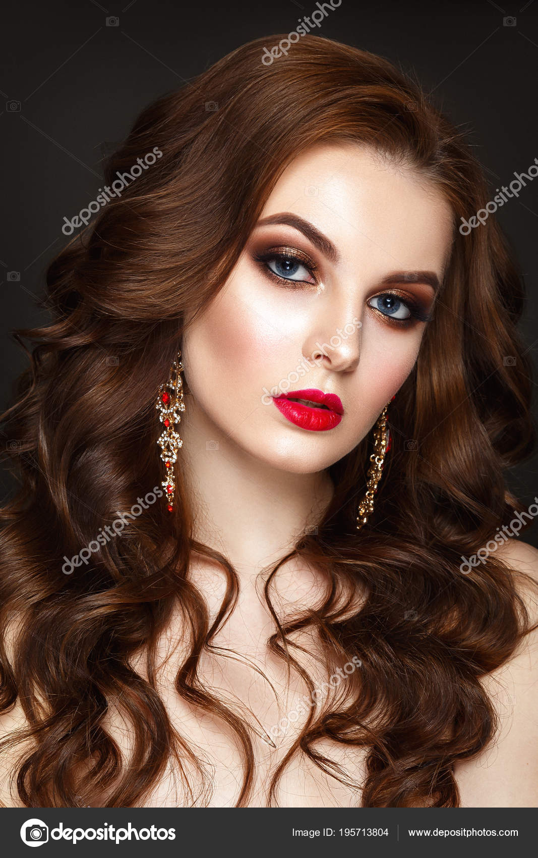 Curly Hair Red Beautiful Woman Portrait Curly Hair Red Earrings