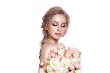 Düğünçiçeği ve peonies beyaz arka plan üzerinde oluşan olan ihale kadın