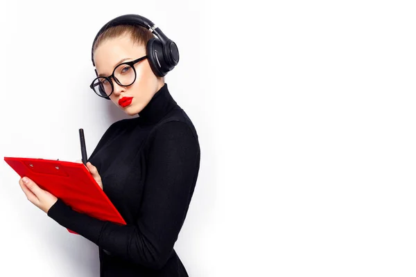 Woman Black Headphones Red Lips Posing Red Board White Background — Stock Photo, Image