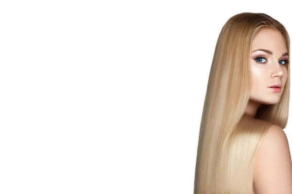 Portret Van Blonde Model Met Gladde Lange Haren Witte Achtergrond — Stockfoto