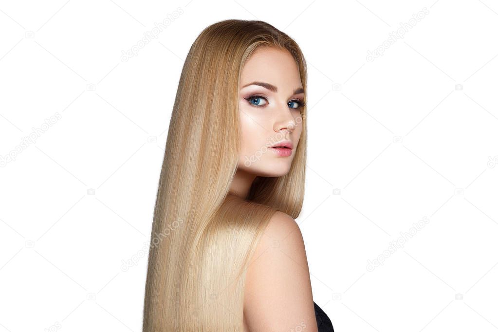 Portrait of blonde model with smooth long hair on white background