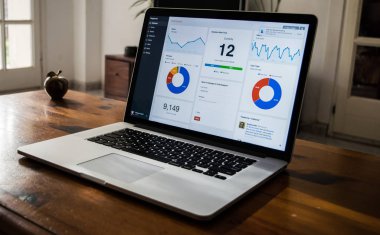 Analitik grafik üzerinde ev iç ahşap masa üstünde belgili tanımlık perde ile gümüş dizüstü bilgisayar