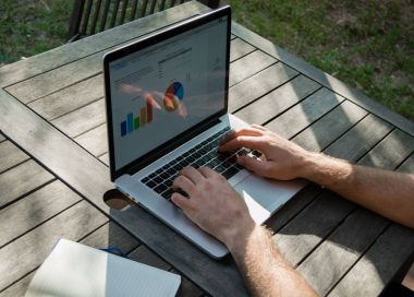 Analitik grafik üzerinde Bahçe, iş Danışma ile dizüstü bilgisayar kullanarak adamın elleri temiz hava, serbest meslek