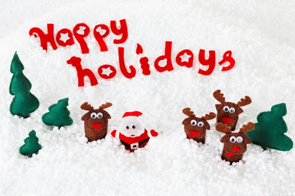 Santa, deer dolls in snow for christmas, xmas on white. — Stock Photo, Image