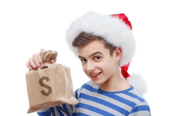 Рождественская концепция, Санта-Клаус с сумкой с валютой — стоковое фото