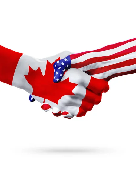 Vlajky zemí, Spojené státy a Kanada, přetiskované handshake. — Stock fotografie