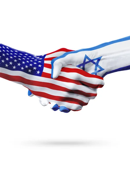 Bandiere degli Stati Uniti e di Israele, stretta di mano soprastampata . — Foto Stock