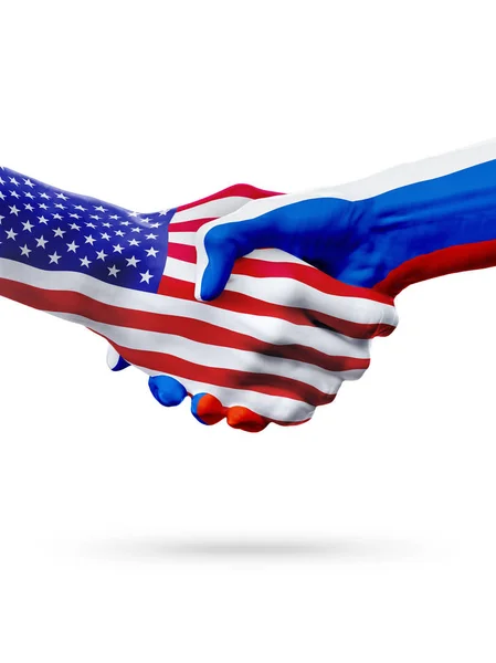 Flaggen der Vereinigten Staaten und der Russischen Föderation per Handschlag. — Stockfoto