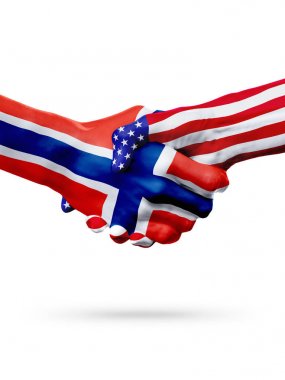 Flags Norway and United States countries, overprinted handshake. clipart