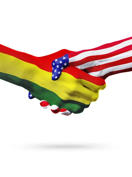 Bandeiras Bolívia e Estados Unidos países, overprinted handshake . — Fotografia de Stock
