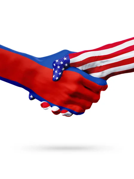 Bandeiras Reino Camboja e Estados Unidos países, overprinted handshake . — Fotografia de Stock
