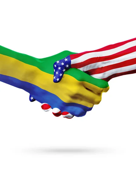 Bandeiras Gabão e Estados Unidos países, overprinted handshake . — Fotografia de Stock