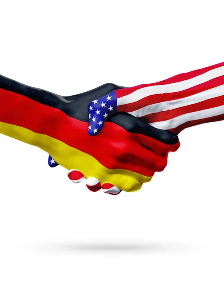 Banderas Alemania y Estados Unidos, apretón de manos sobreimpreso . — Foto de Stock