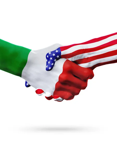 Σημαίες χωρών Ιταλία και Ηνωμένες Πολιτείες, το επιτυπωμένο χειραψία. — Φωτογραφία Αρχείου