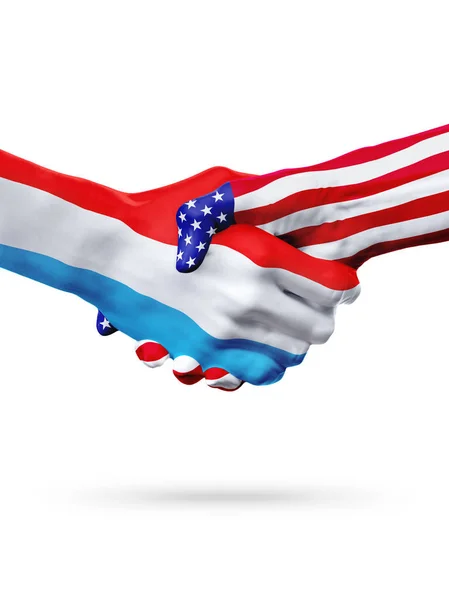 Banderas Luxemburgo y Estados Unidos, apretón de manos sobreimpreso . — Foto de Stock