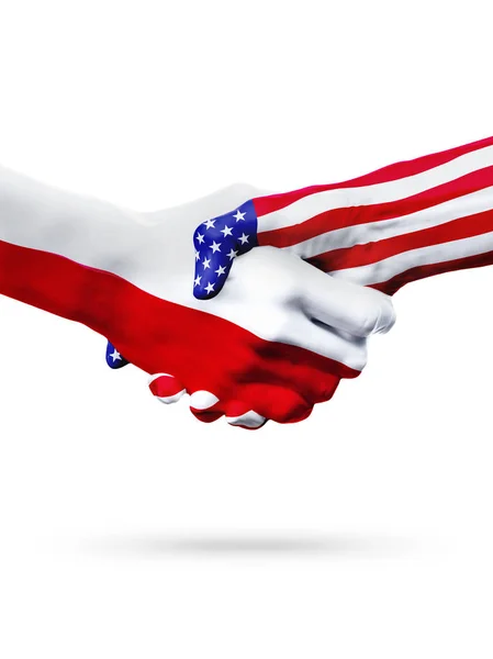 Flaggor Polen och USA länder, Övertryckt handslag. — Stockfoto