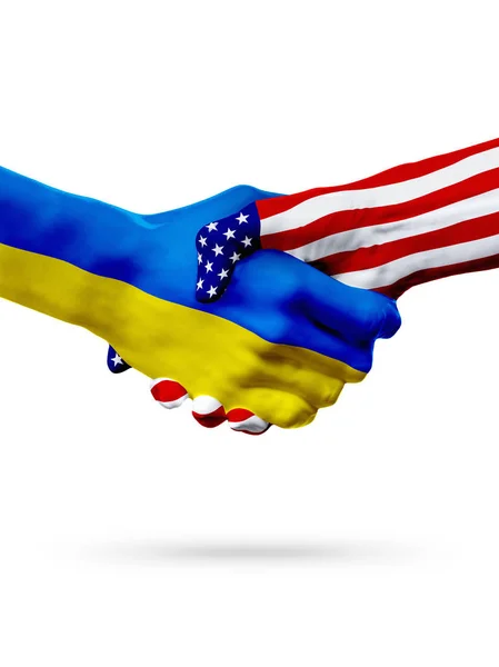 Σημαίες χωρών Ουκρανίας και των Ηνωμένων Πολιτειών, επιτυπωμένο χειραψία. — Φωτογραφία Αρχείου