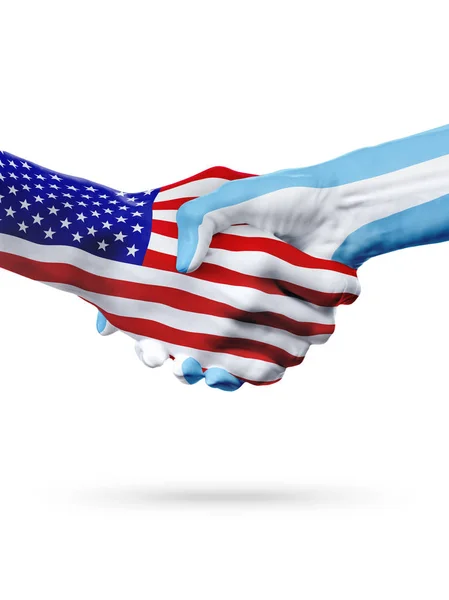 Flaggen vereinigte Staaten und argentinische Länder, partnerschaftlicher Händedruck. — Stockfoto