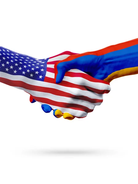Bandeiras Estados Unidos e Arménia, países, parceria handshake . — Fotografia de Stock
