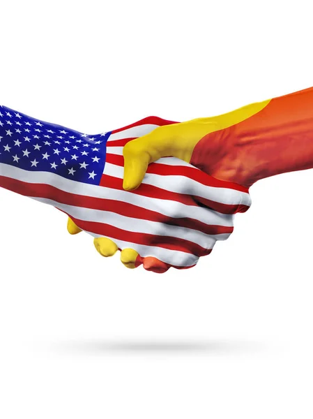 Bandeiras Estados Unidos e Butão países, parceria handshake . — Fotografia de Stock