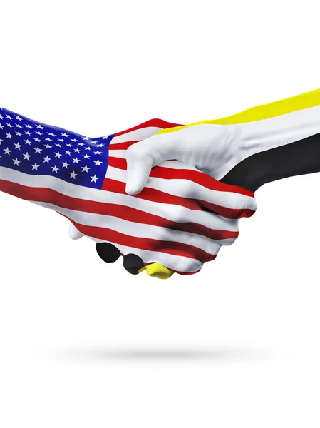 Flaggen vereinigte Staaten und Brunei-Länder, partnerschaftlicher Händedruck. — Stockfoto