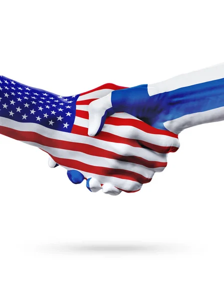 Флаги США и Финляндии, партнерское рукопожатие . — стоковое фото