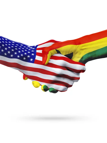 Bandeiras Estados Unidos e Gana países, parceria handshake . — Fotografia de Stock