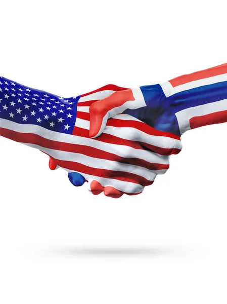 Flaggen vereinigte Staaten und norwegische Länder, partnerschaftlicher Händedruck. — Stockfoto