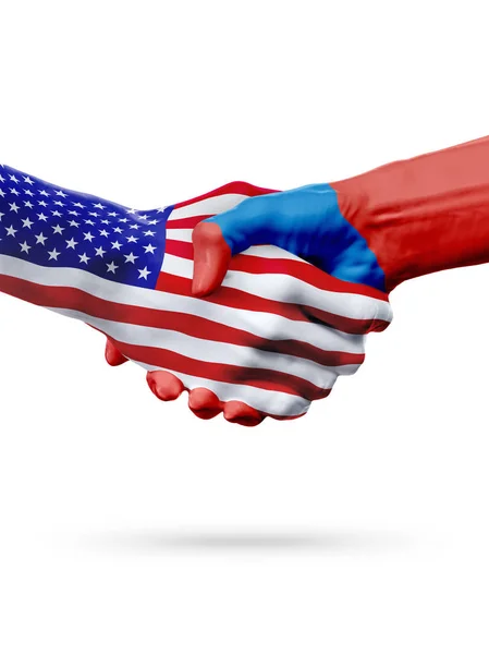 Flaggor Förenta staterna och Mongoliet länder, partnerskap handslag. — Stockfoto