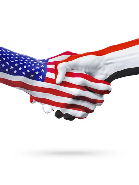 Banderas de Estados Unidos y Yemen, apretón de manos sobreimpreso . —  Fotos de Stock