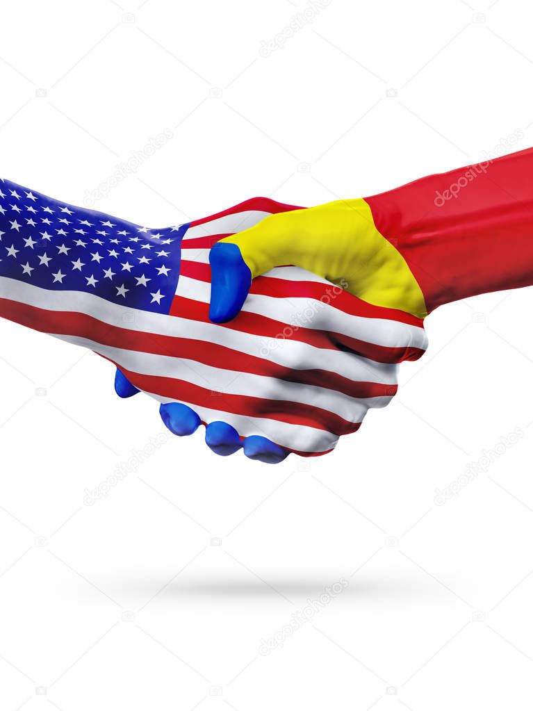Flags United States and Andorra countries, overprinted handshake.