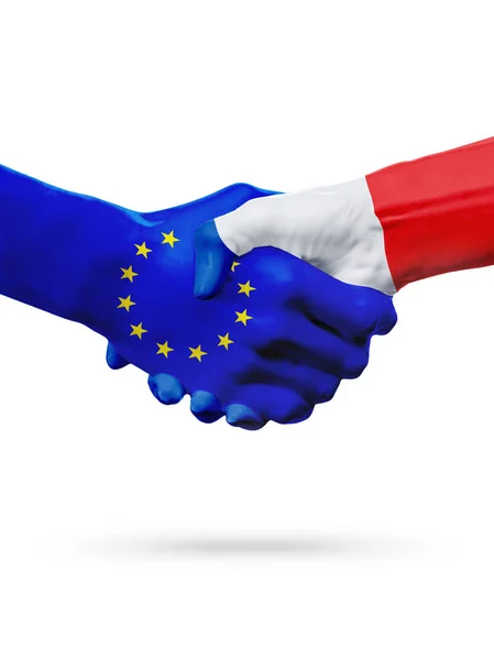Vlaggen van de landen van de Europese Unie, Frankrijk, partnerschap vriendschap handdruk concept. — Stockfoto