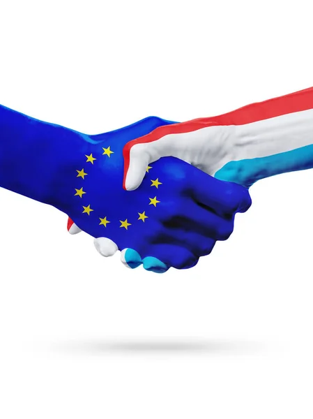 Vlaggen van de landen van de Europese Unie, Luxemburg, partnerschap vriendschap handdruk concept. — Stockfoto