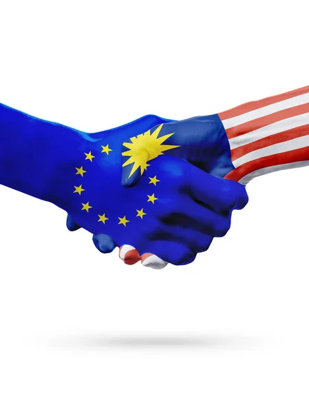 Banderas Unión Europea, Malasia países, asociación amistad apretón de manos concepto . — Foto de Stock