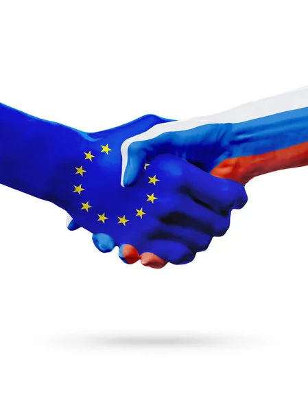 Vlaggen van de Europese Unie, Rusland landen, partnerschap vriendschap handdruk concept. — Stockfoto
