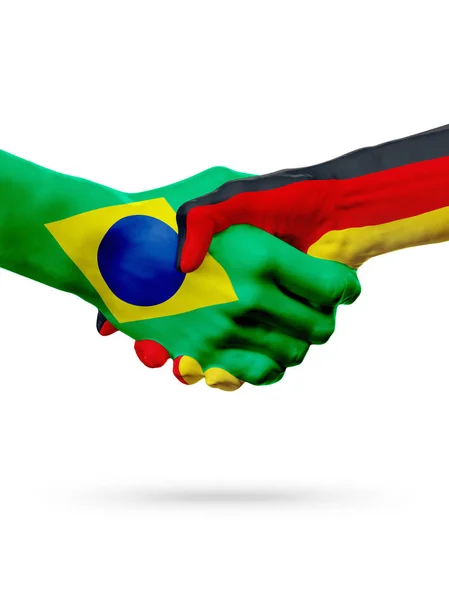 Flaggen Brasilien, Deutschland, Partnerschaft Freundschaft Handschlag Konzept. — Stockfoto