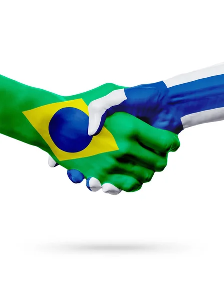 Banderas Brasil, Finlandia países, asociación amistad apretón de manos concepto . — Foto de Stock