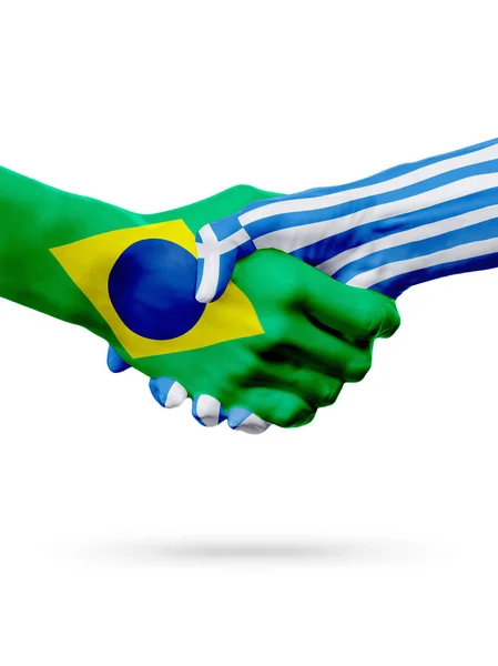 Flaggen Brasilien, Griechenland, Partnerschaft Freundschaft Handschlag Konzept. — Stockfoto