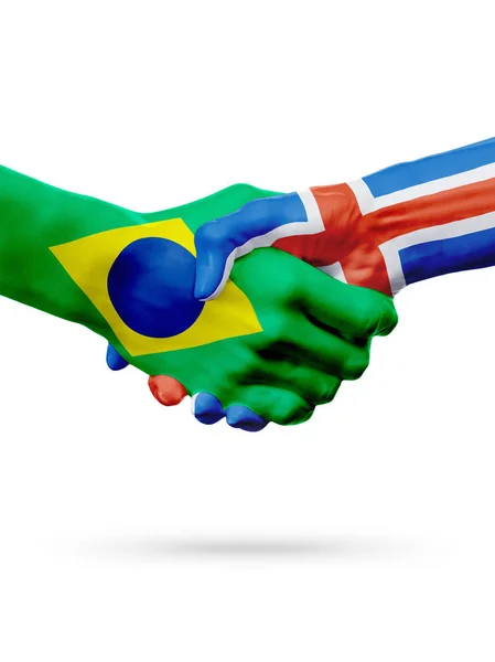Flaggor Brasilien, Island länder, partnerskap vänskap handslag koncept. — Stockfoto