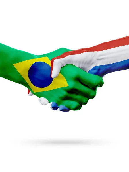 Banderas Brasil, Países Bajos, asociación amistad apretón de manos concepto . — Foto de Stock