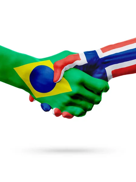Zászlók, Brazília, Norvégia-országok, a partnerségi baráti kézfogás koncepciója. — Stock Fotó