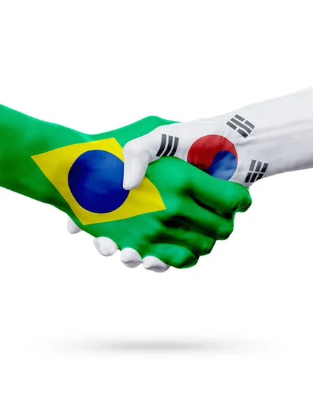 Zászlók, Brazília, Dél-Korea-országok, a partnerségi baráti kézfogás koncepciója. — Stock Fotó