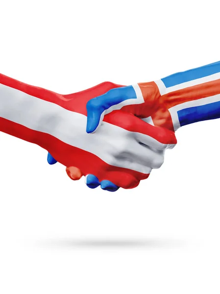 Vlaggen Oostenrijk, IJsland landen, partnerschap vriendschap handdruk concept. — Stockfoto