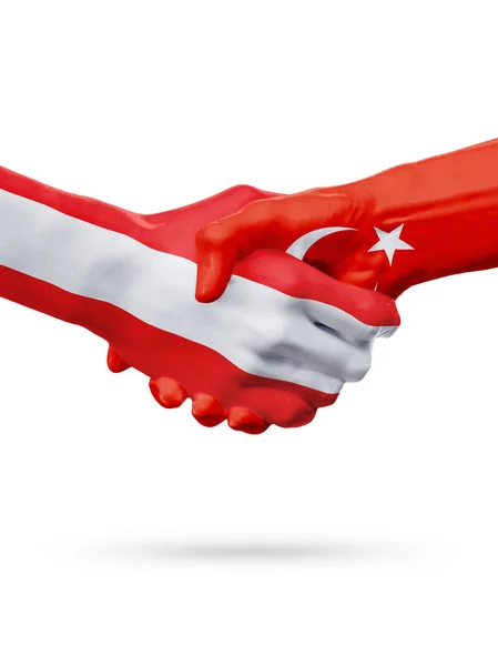 Vlaggen Oostenrijk, Turkije landen, partnerschap vriendschap handdruk concept. — Stockfoto