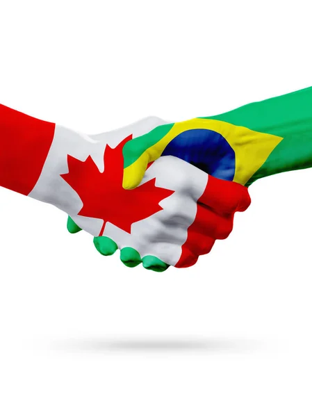 Příznaky Kanada, Brazílie země, koncept partnerství handshake přátelství. — Stock fotografie