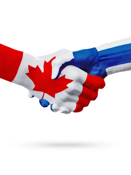 Příznaky Kanada, Finsko zemí, koncept partnerství handshake přátelství. — Stock fotografie