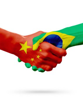 Çin, Brezilya ülkeler, ortaklık dostluk el sıkışması kavramı işaretler. 3D çizim